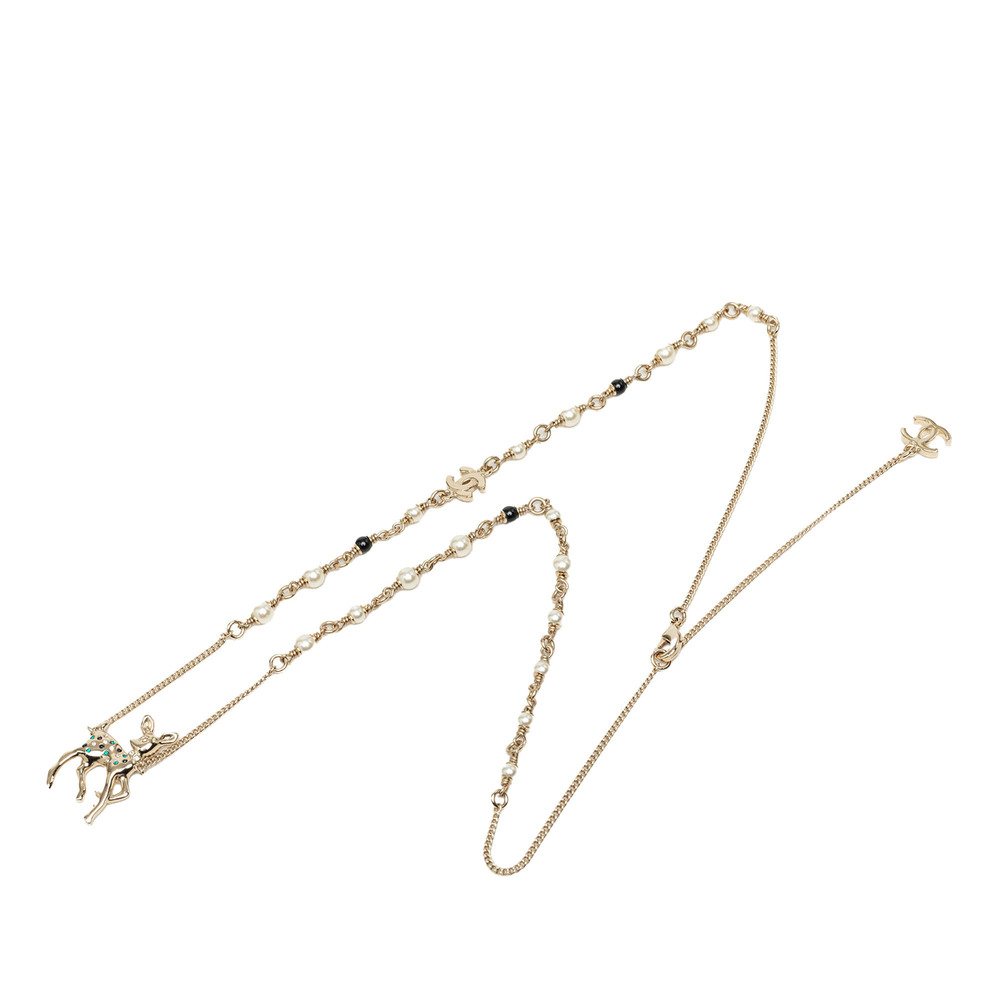 Pre-Loved Chanel CC Gold Plated Faux Pearl and Strass Deer Pendant Necklace